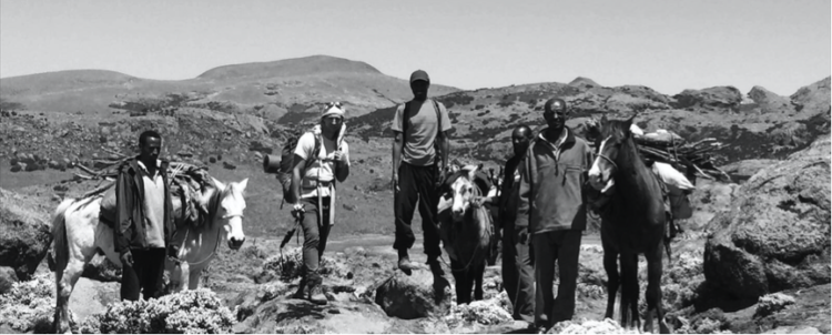 Sam in the Sanetti Plateau with guide Jafer and porters Usman, Abdullah and Haji. Credit: Sam McManus